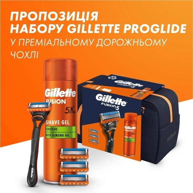 Подарунковий набір Бритва Gillette Fusion 5 з 4 змінними картриджами + Гель для гоління 200мл + Косметичкафото12