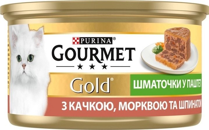 Упаковка влажного корма для кошек Gourmet Gold с уткой, морковью и шпинатом, кусочки в паштете 24 шт по 85г. фото 2