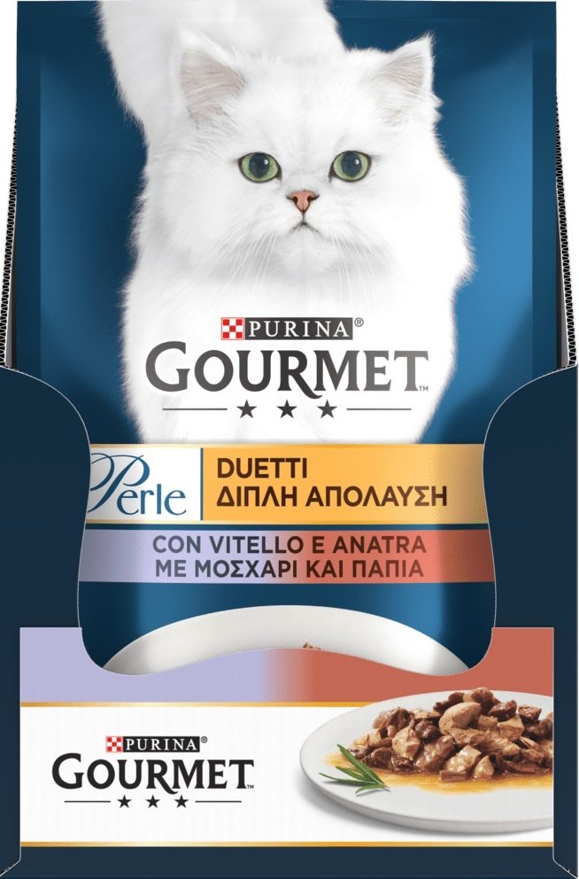 Упаковка вологого корму для кішок Gourmet Perle шматочки в підливі з телятиною та качкою 26 шт по 85г.фото3