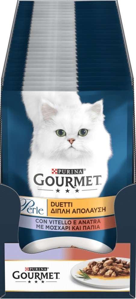 Упаковка вологого корму для кішок Gourmet Perle шматочки в підливі з телятиною та качкою 26 шт по 85г.фото4