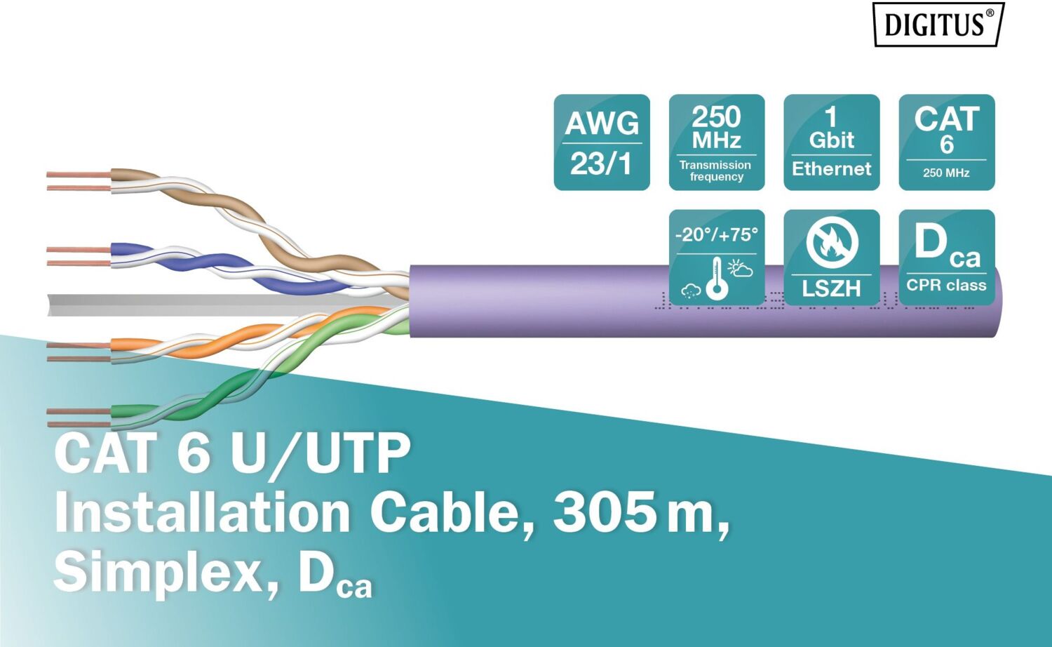 Кабель DIGITUS CAT 6 U-UTP, 305м, AWG 23/1, LSZH Dca, фиолетовый (DK-1614-VH-305) фото
