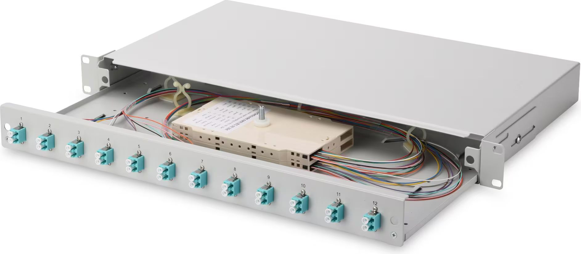 Оптична панель DIGITUS 19` 1U, 12xLC duplex, Incl, Splice Cass, OS2 Color Pigtails, Adapter (DN-96331/9)фото2