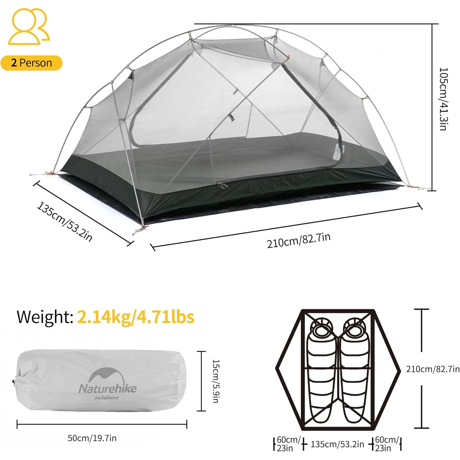 Палатка сверхлегкая двухместная Naturehike Mongar NH17T007-T, серая фото 