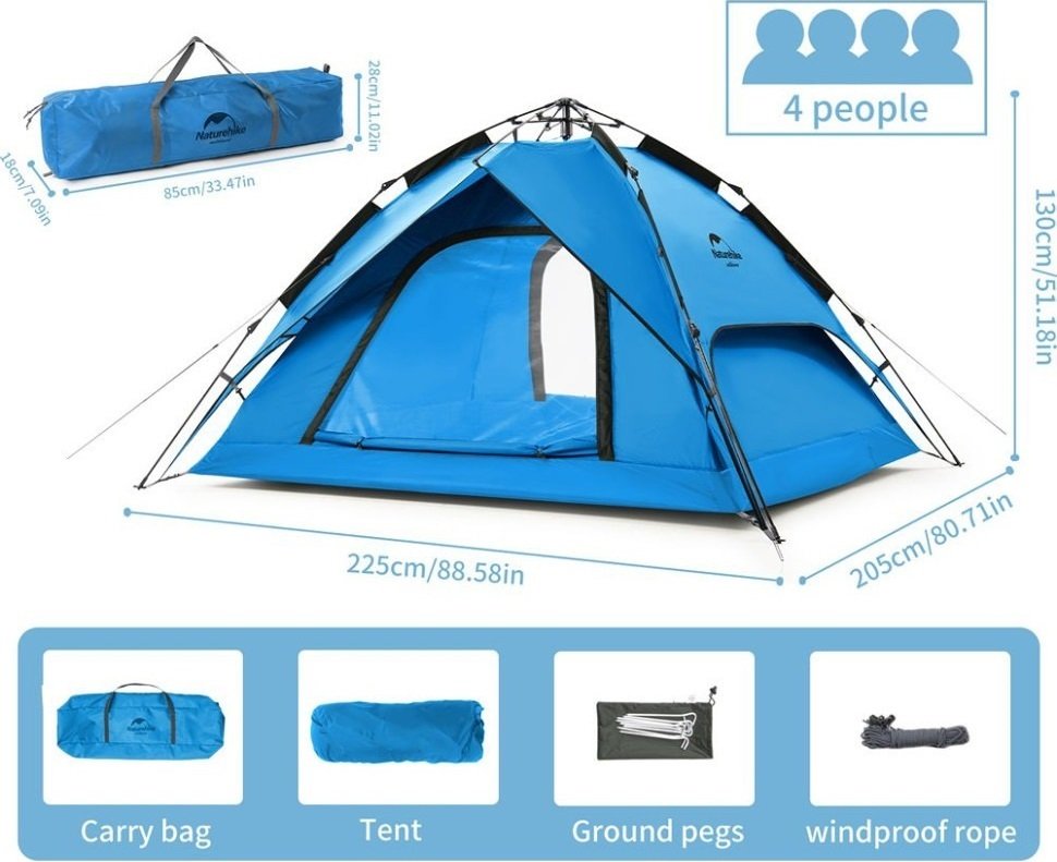Палатка четырехместная автоматическая Naturehike NH21ZP008, голубая фото 3