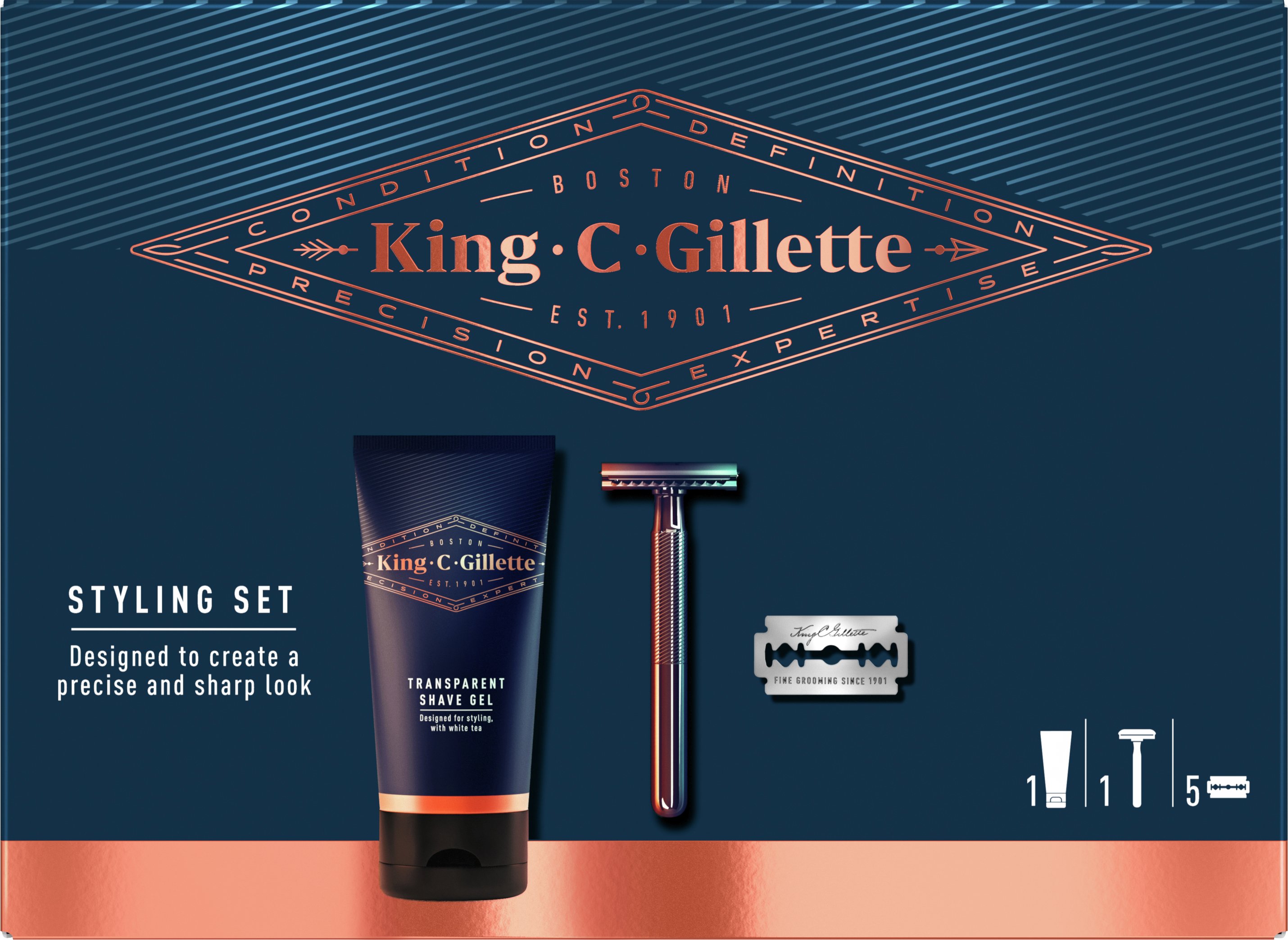 Подарунковий набір для стайлінгу King C Gillette Бритва + 5 змінних лез + Гель для гоління 150млфото5
