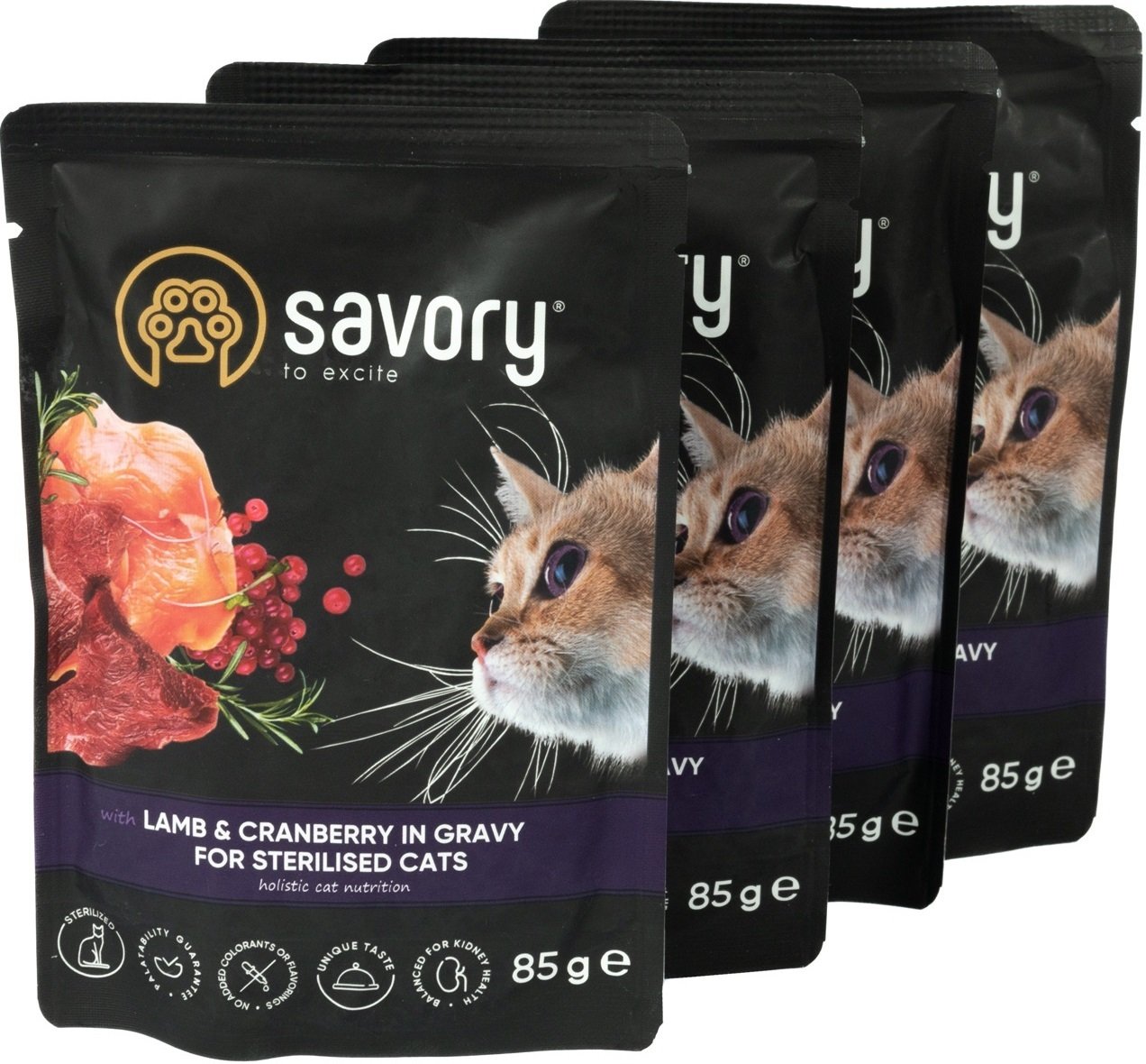 Набір паучів для стерилізованих котів Savory з ягням та журавлиною в соусі 85г*4штфото6