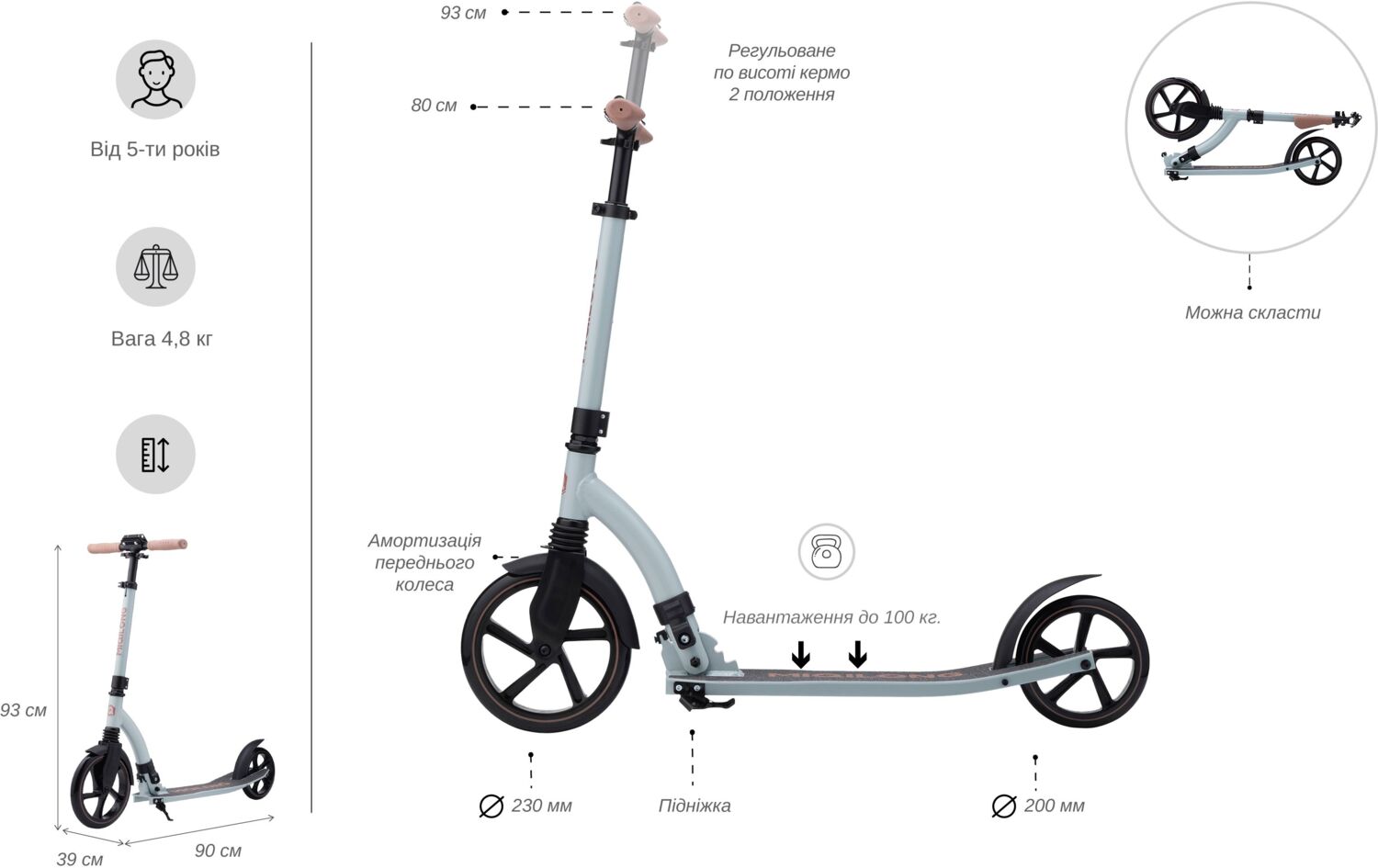 Самокат Miqilong Beagle оливковый (BEAGLE-200-OLIVE) фото