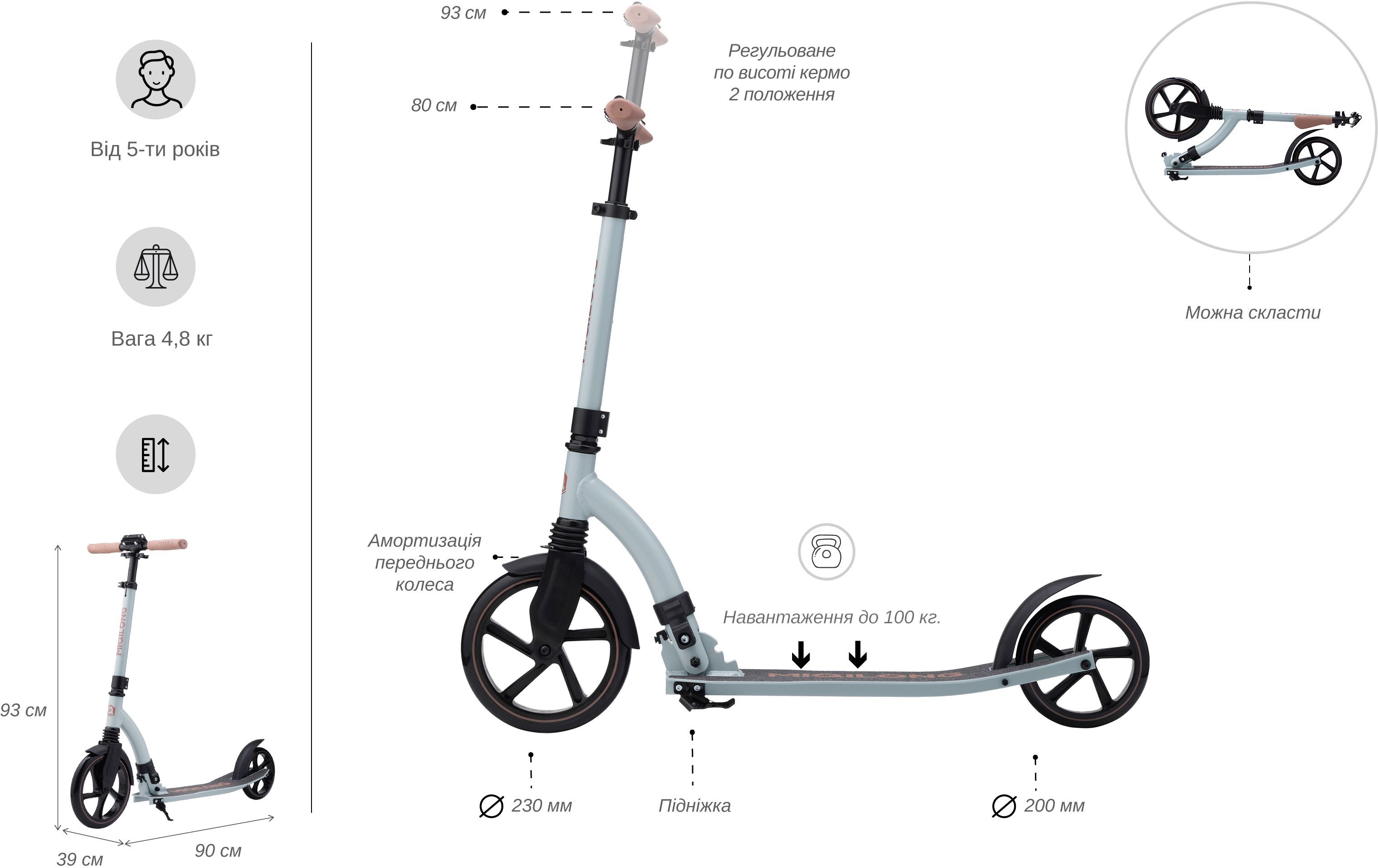 Самокат Miqilong Beagle оливковый (BEAGLE-200-OLIVE) фото 9