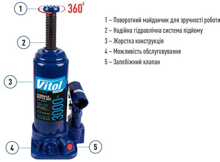 Домкрат Vitol гідравлічний 3т 194-372мм (DB-03006)фото6