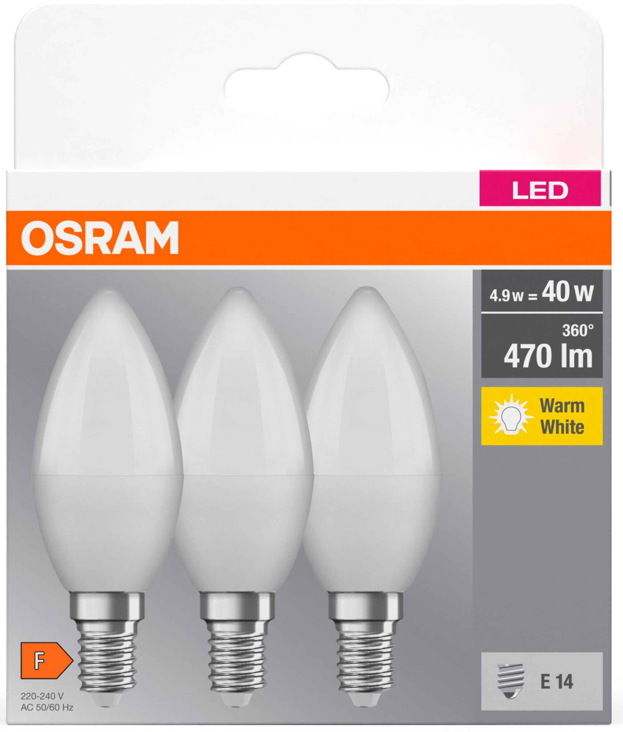 Набор ламп 3шт Osram Led E14 4.9Вт 2700К 470Лм B40 (4099854047091) фото 3