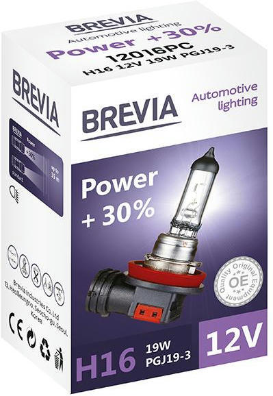 Лампа Brevia галогенова H16 12V 19W PGJ19-3 Power +30% CP (12016PC)фото2