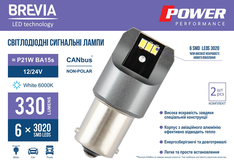 Лампа Brevia LED Power P21W 330Lm 6x3020SMD 12/24V CANbus 2шт (10101X2) фото 6