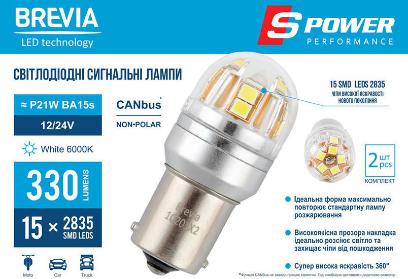 Лампа Brevia LED S-Power P21W 330Lm 15x2835SMD 12/24V CANbus 2шт (10201X2) фото 7