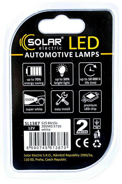 Лампа Solar LED 12V S25 BA15s 20SMD Білий 2шт (SL1387)фото