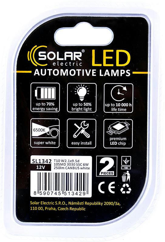 Лампа Solar LED 12V T10 W2.1x9.5d 10SMD Белый 2шт (SL1342) фото 2