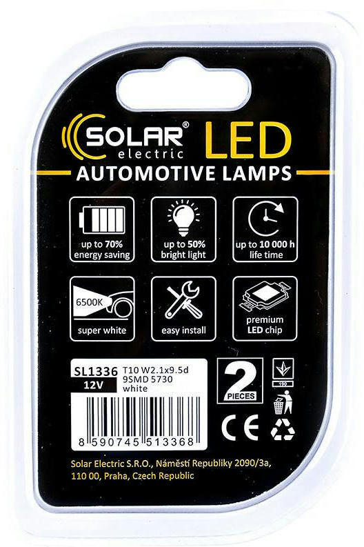 Лампа Solar LED 12V T10 W2.1x9.5d 9SMD Белый 2шт (SL1336) фото 2