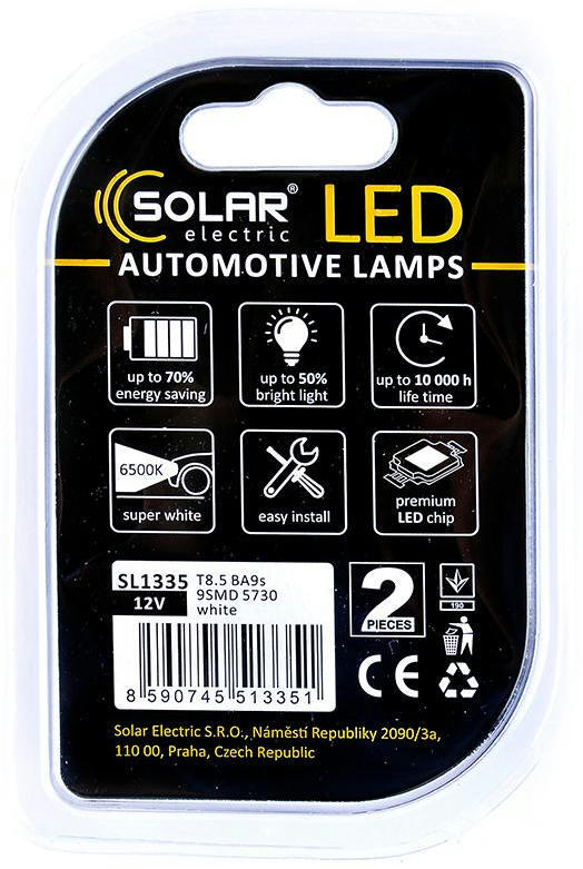 Лампа Solar LED 12V T8.5 BA9s 9SMD Білий 2шт (SL1335)фото