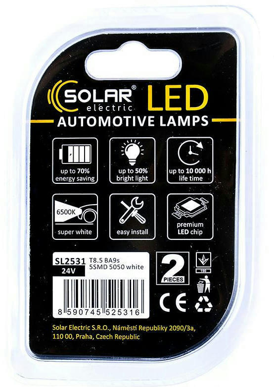 Лампа Solar LED 24V T8.5 BA9s 5SMD Білий 2шт (SL2531)фото