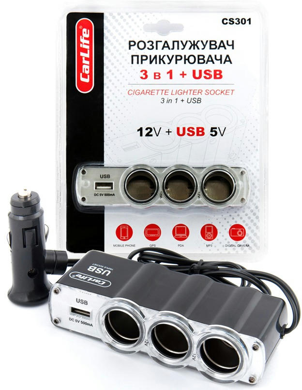 Разветвитель прикуривателя CarLife 3в1 + USB (CS301) фото 2