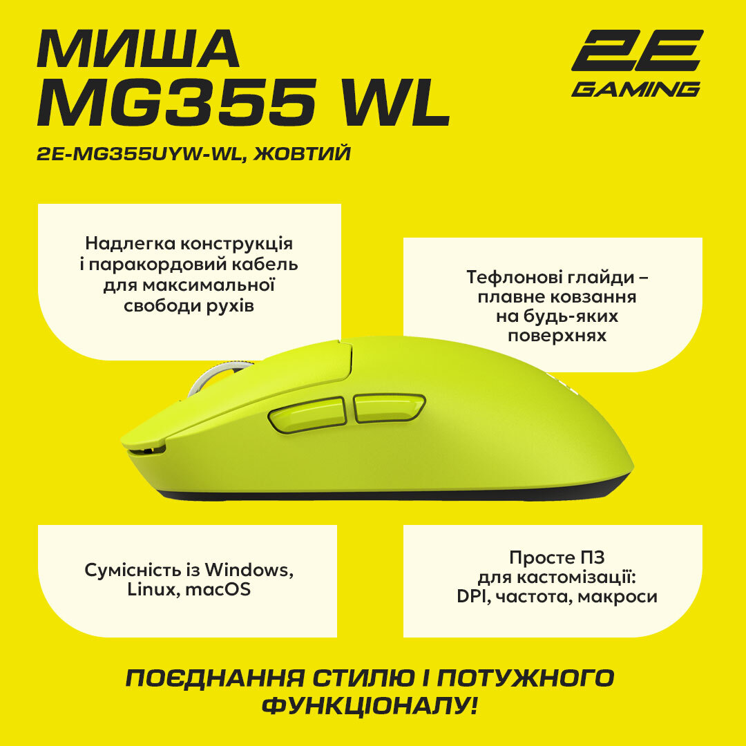 Ігрова миша 2E Gaming MG355 WL Yellow (2E-MG355UYW-WL)фото13