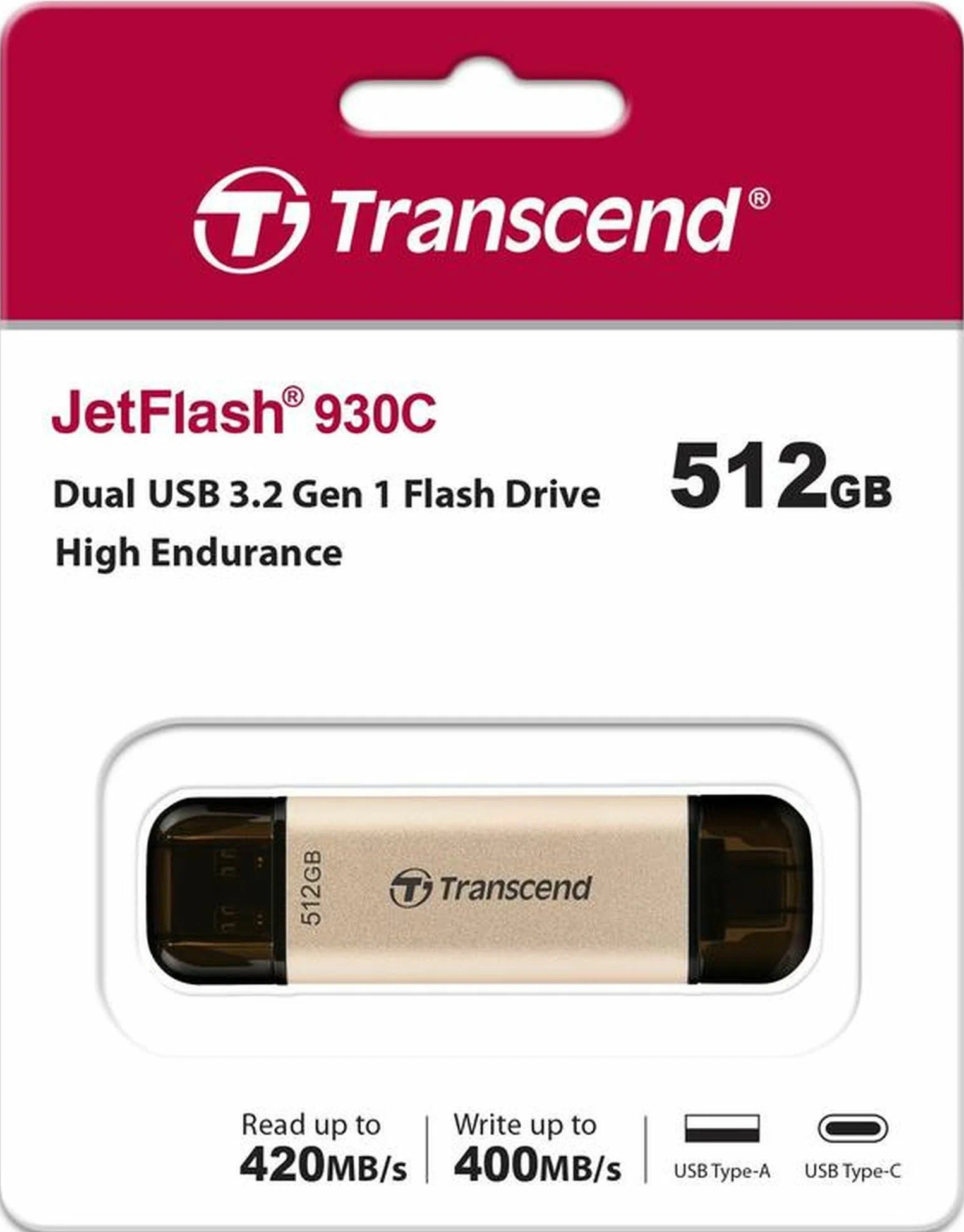 Накопитель USB 3.2 Type-A + Type-C Transcend JetFlash 930 Gold R420/W400MB/s 512GB (TS512GJF930C) фото 10