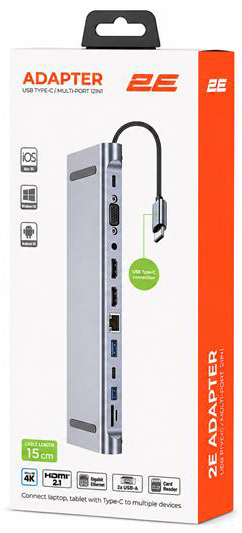USB хаб 2Е Type-C to USB-A 2.0, 2xUSB-A 3.0, 2xUSB-C PD, 2xHDMI, VGA, microSD, SD, Ethernet, 0,15 м (2E-W2703) фото 2