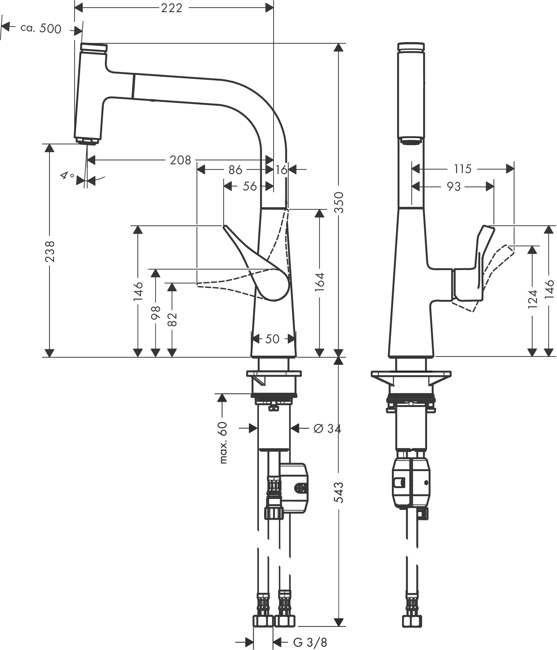 Змішувач Hansgrohe Metris Select для кухонної мийки, 222 мм, поворотний, витяжний, важіль + кнопка, хром (14857000)фото2