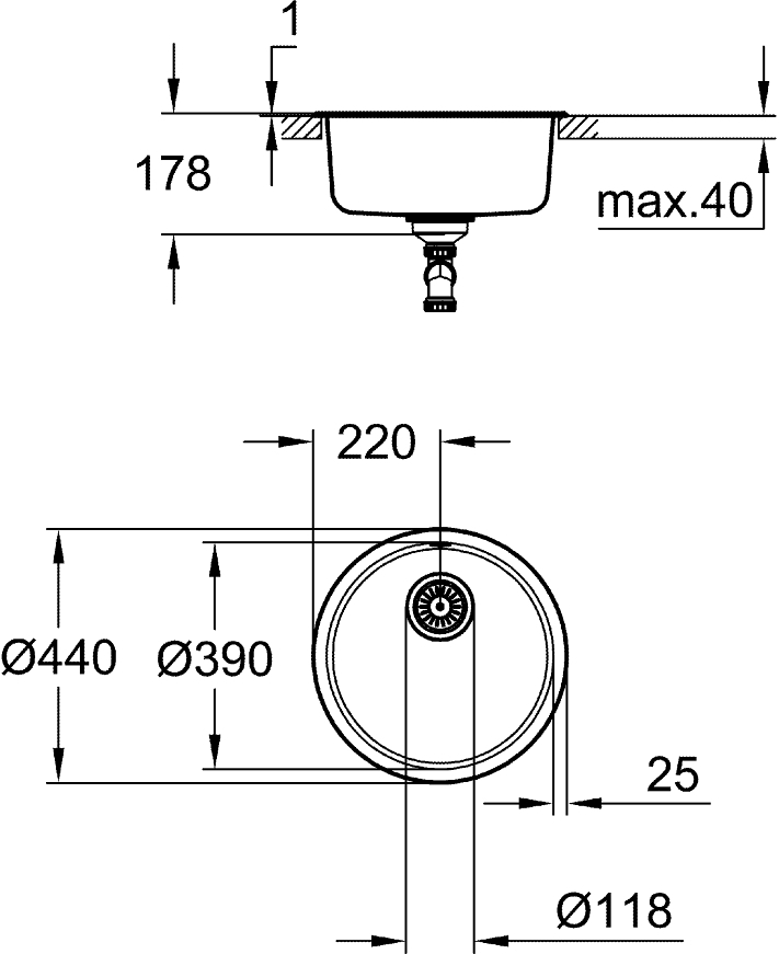 Мийка кухонна Grohe K200, нерж.cталь, кругла, без крила, 440x440x178мм, чаша – 1, врізна, нержавіюча стальфото2