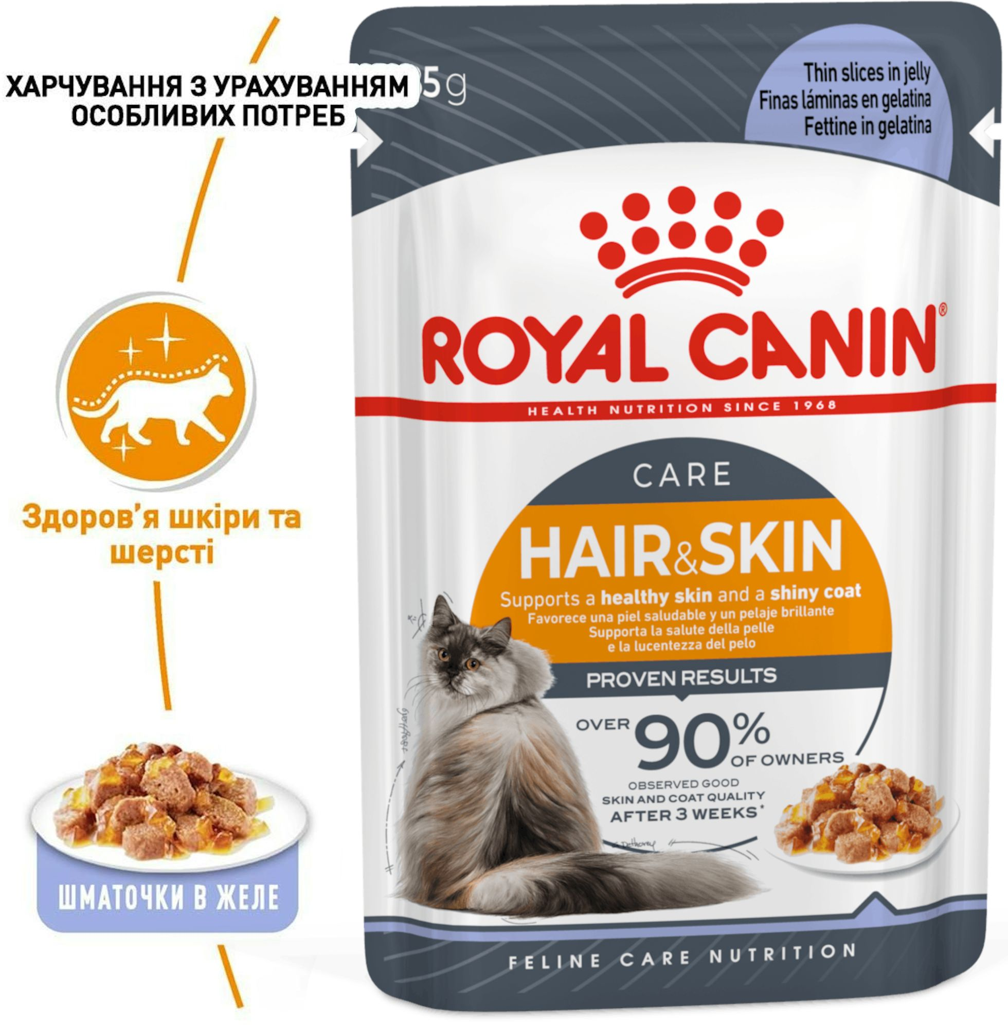 Вологий корм для котів Royal Canin Hair&Skin Care шматочки в желе 85гфото2