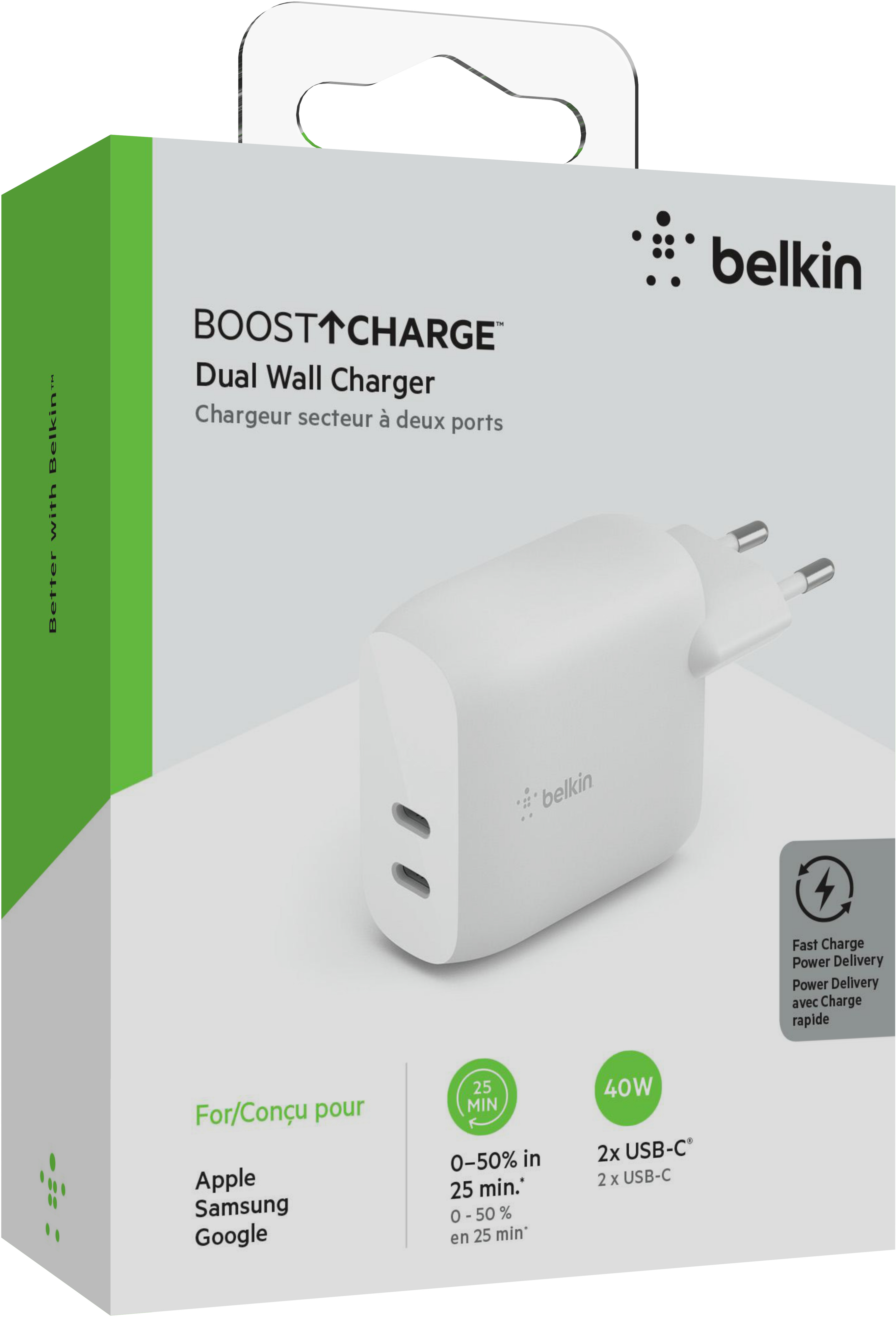 Сетевое зарядное устройство Belkin 40Вт 2хUSB-С PD White (WCB006VFWH) фото 2