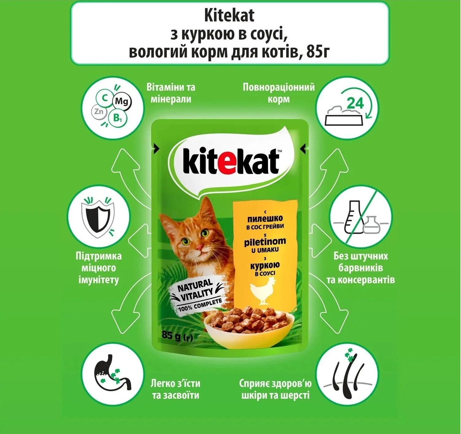 Вологий корм для дорослих кішок Kitekat з куркою в соусі 85гфото4