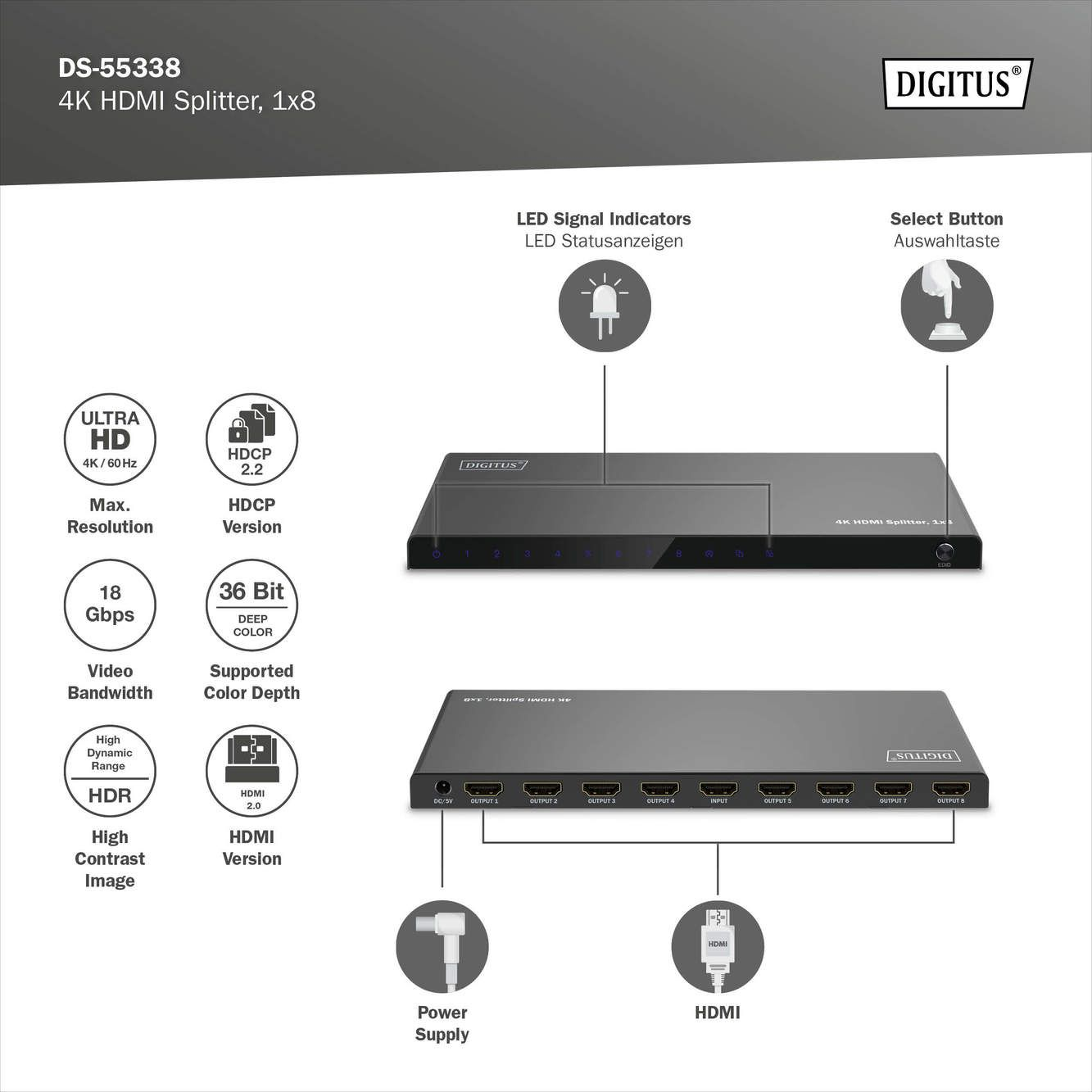 Відеоспліттер DIGITUS HDMI (INx1 – OUTx8), 4K, blackфото7