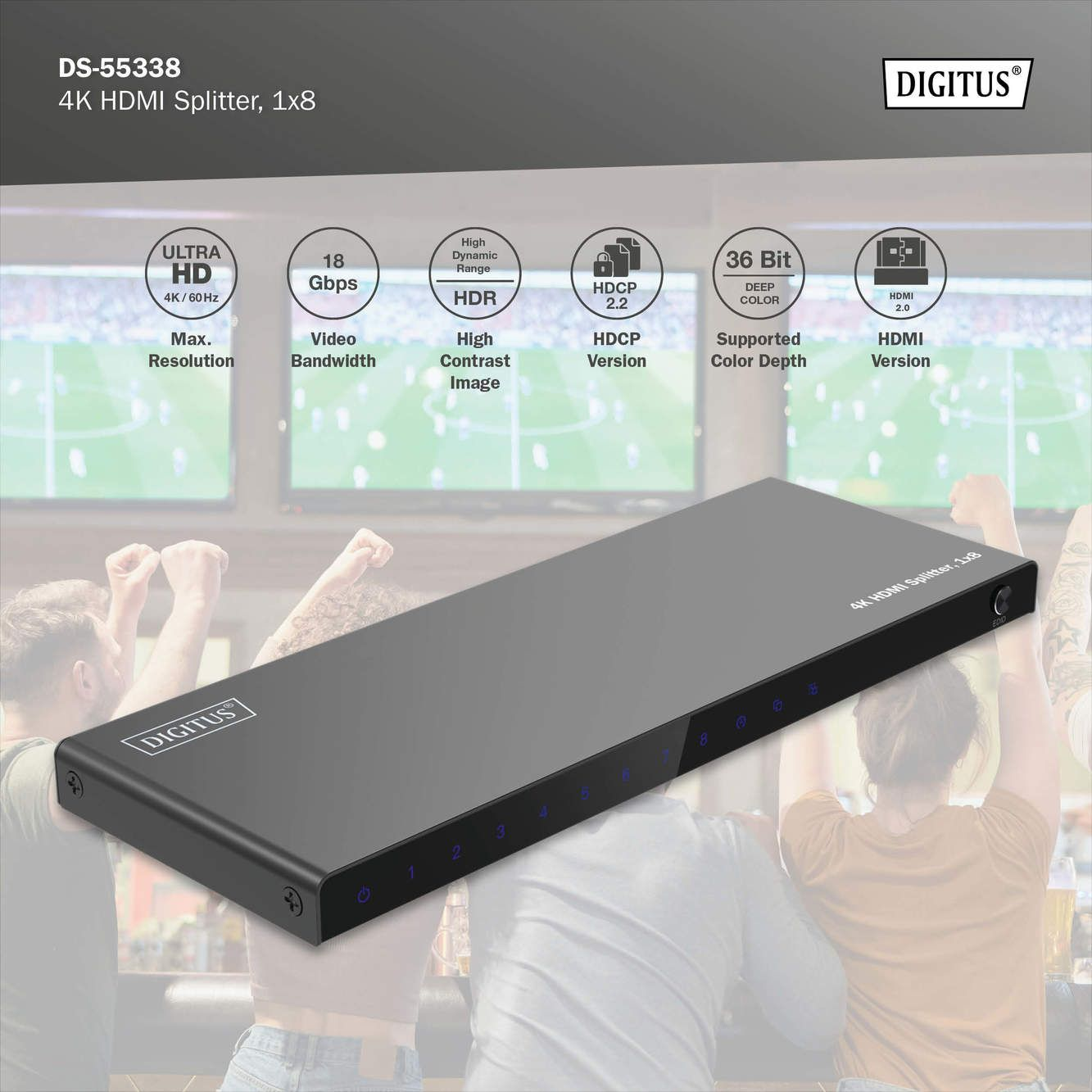 Відеоспліттер DIGITUS HDMI (INx1 – OUTx8), 4K, blackфото5