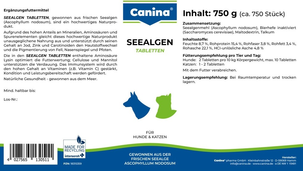 Вітаміни для собак та котів Canina Seealgen для шерсті з морськими водоростями 730 штфото2