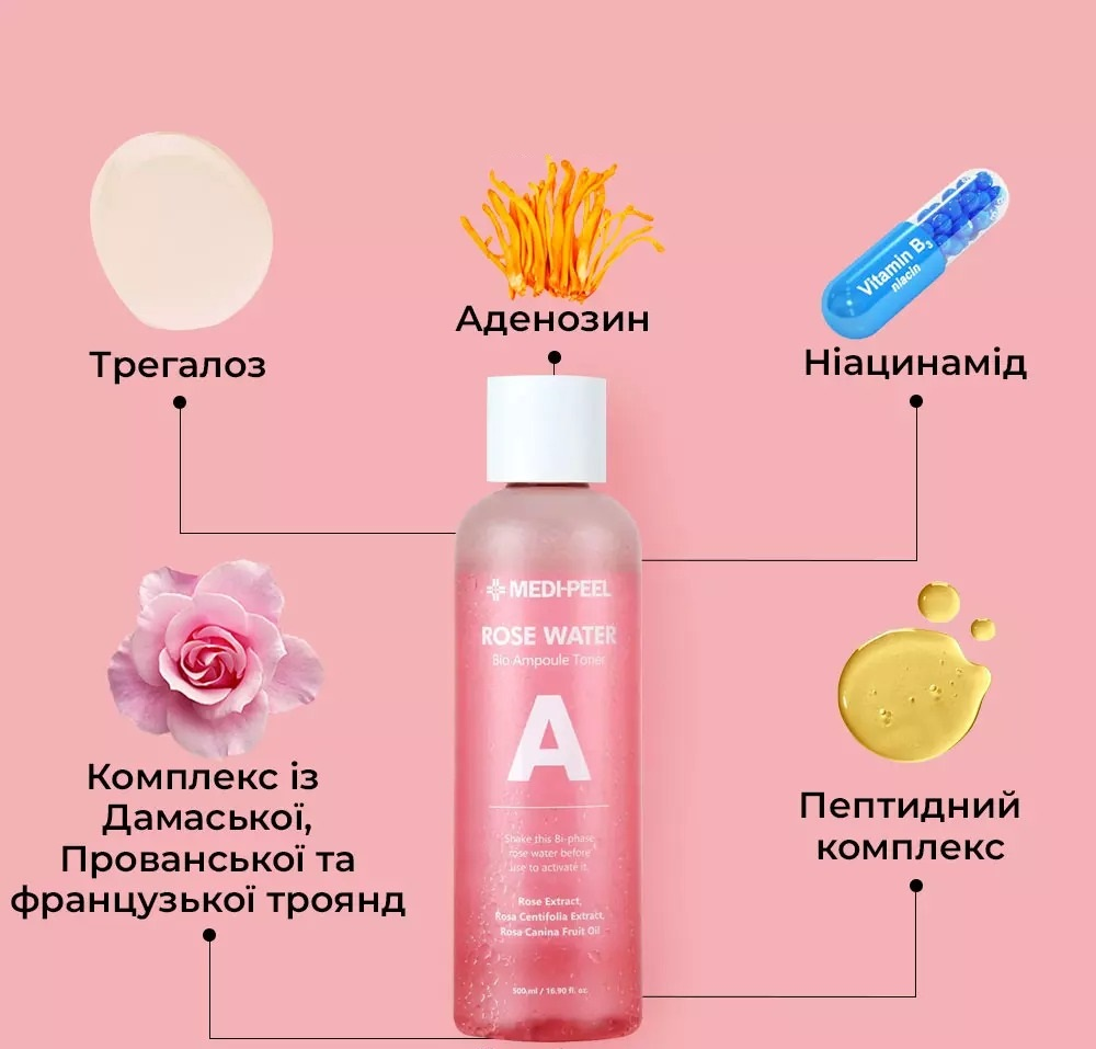 Тонер Medi-Peel Rose Water Bio Ampoule Двухфазный с экстрактом розы 500 мл фото 6