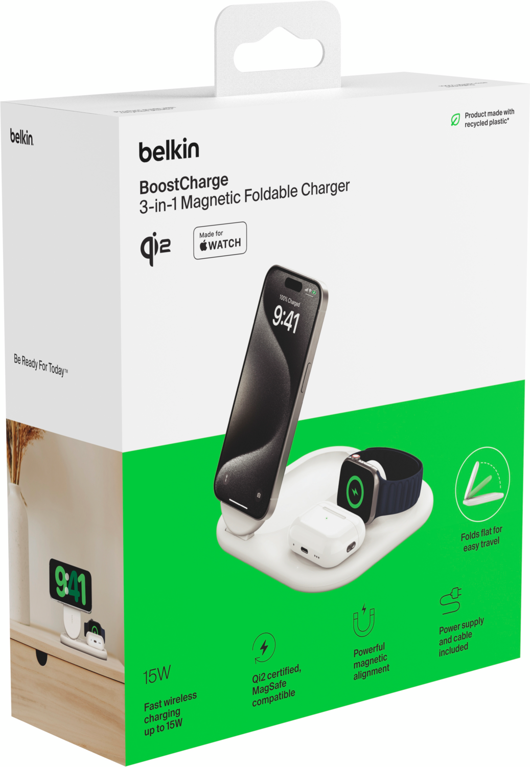 Беспроводное зарядное устройство Belkin 3в1 Magnetic Foldable iPhone/Watch/AirPods Qi2 15W, White (WIZ029VFWH) фото
