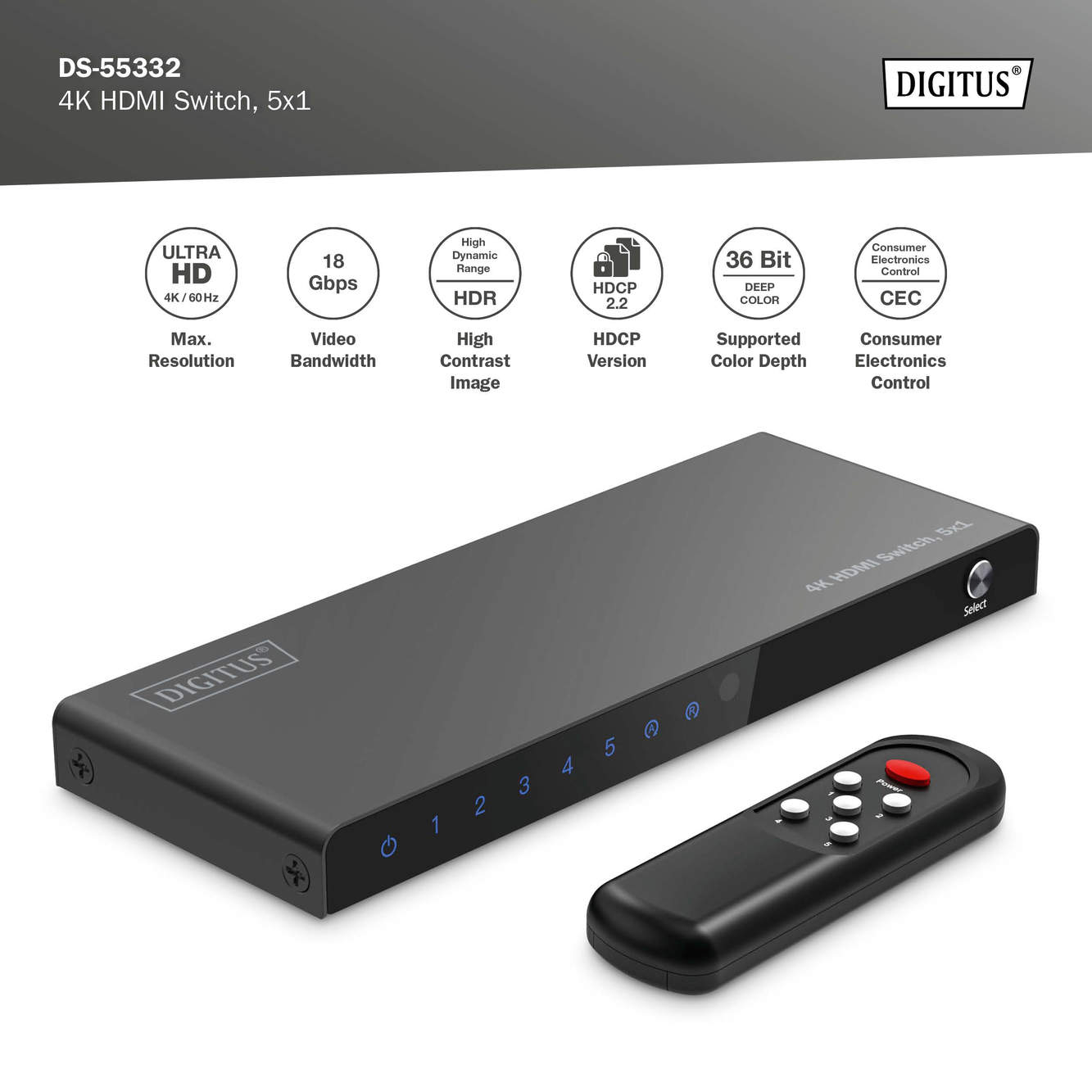 Відеокомутатор DIGITUS UHD HDMI (INx5 - OUTx1), 4K (DS-55332)фото5