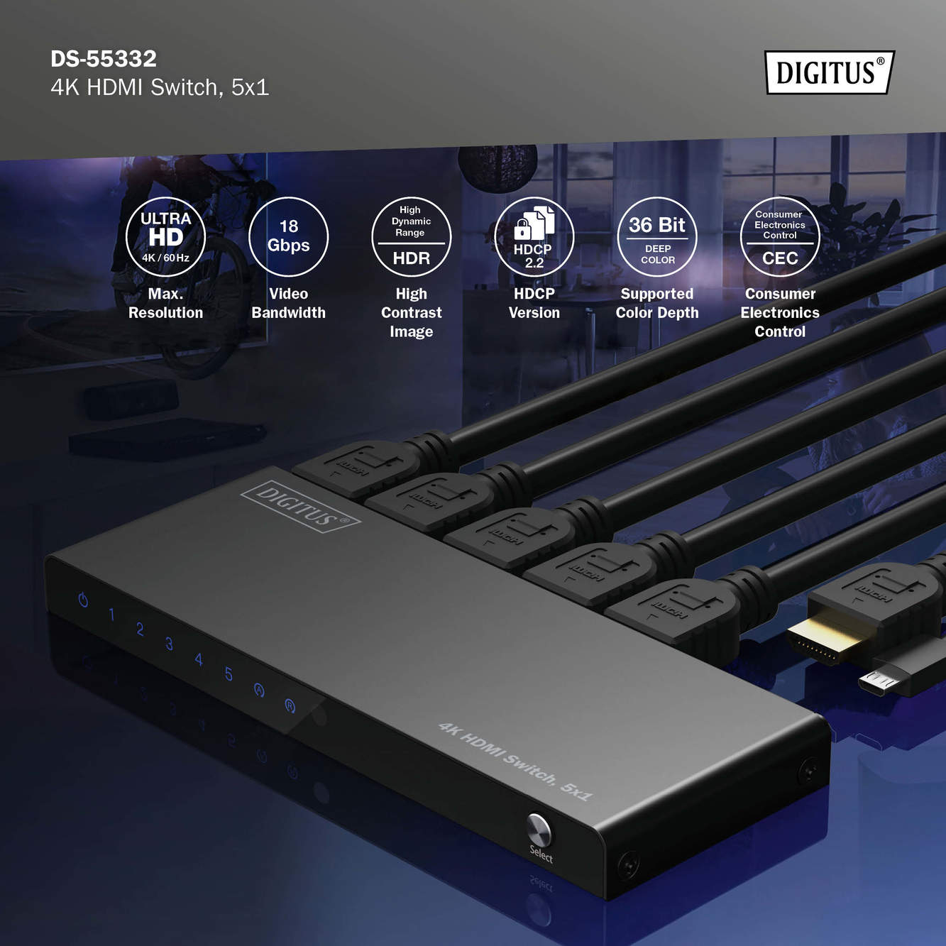 Відеокомутатор DIGITUS UHD HDMI (INx5 - OUTx1), 4K (DS-55332)фото11