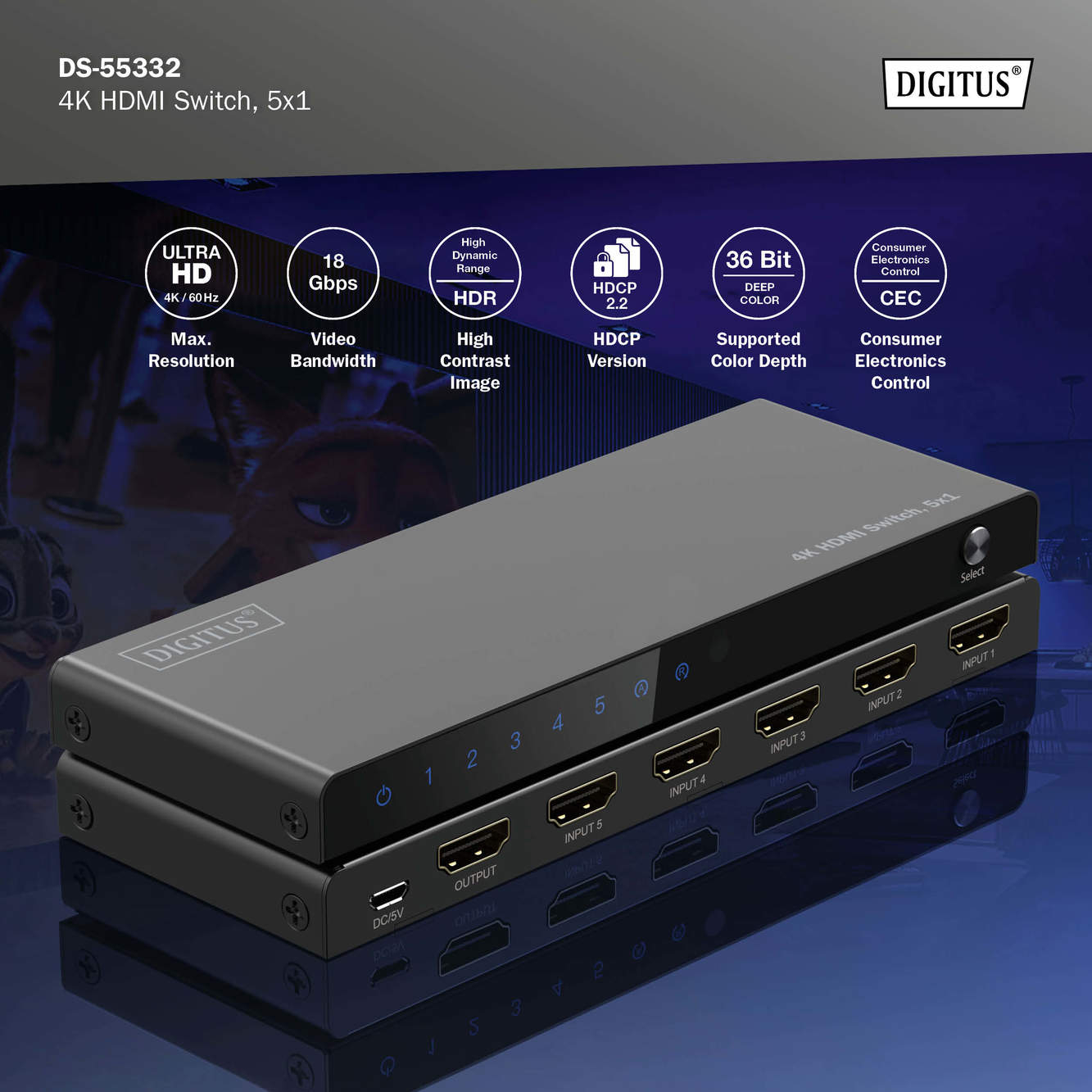 Відеокомутатор DIGITUS UHD HDMI (INx5 - OUTx1), 4K (DS-55332)фото12
