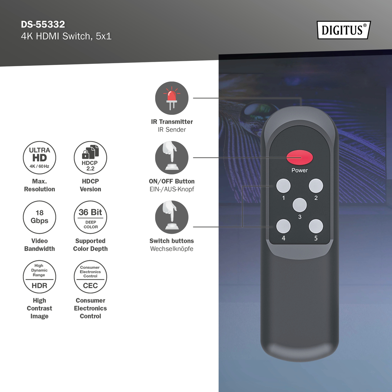 Відеокомутатор DIGITUS UHD HDMI (INx5 - OUTx1), 4K (DS-55332)фото9