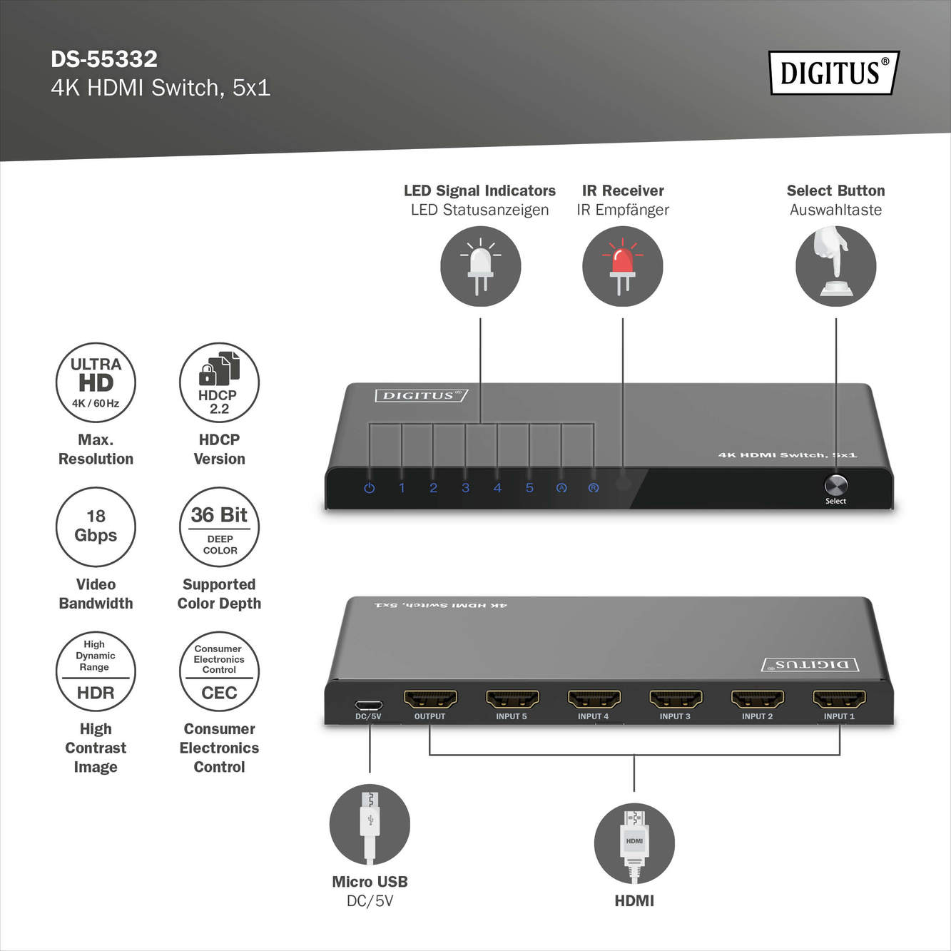 Відеокомутатор DIGITUS UHD HDMI (INx5 - OUTx1), 4K (DS-55332)фото8