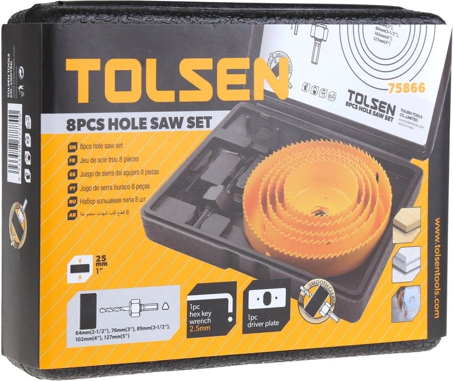 Набор кольцевых пил Tolsen 25мм, 64-127мм, 8шт (75866) фото 