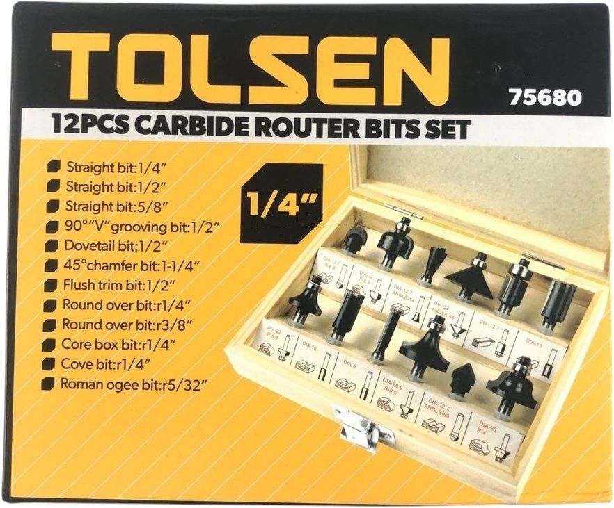 Набор фрез по дереву Tolsen, 12шт, 1/4”,6-28.6мм (75680) фото 