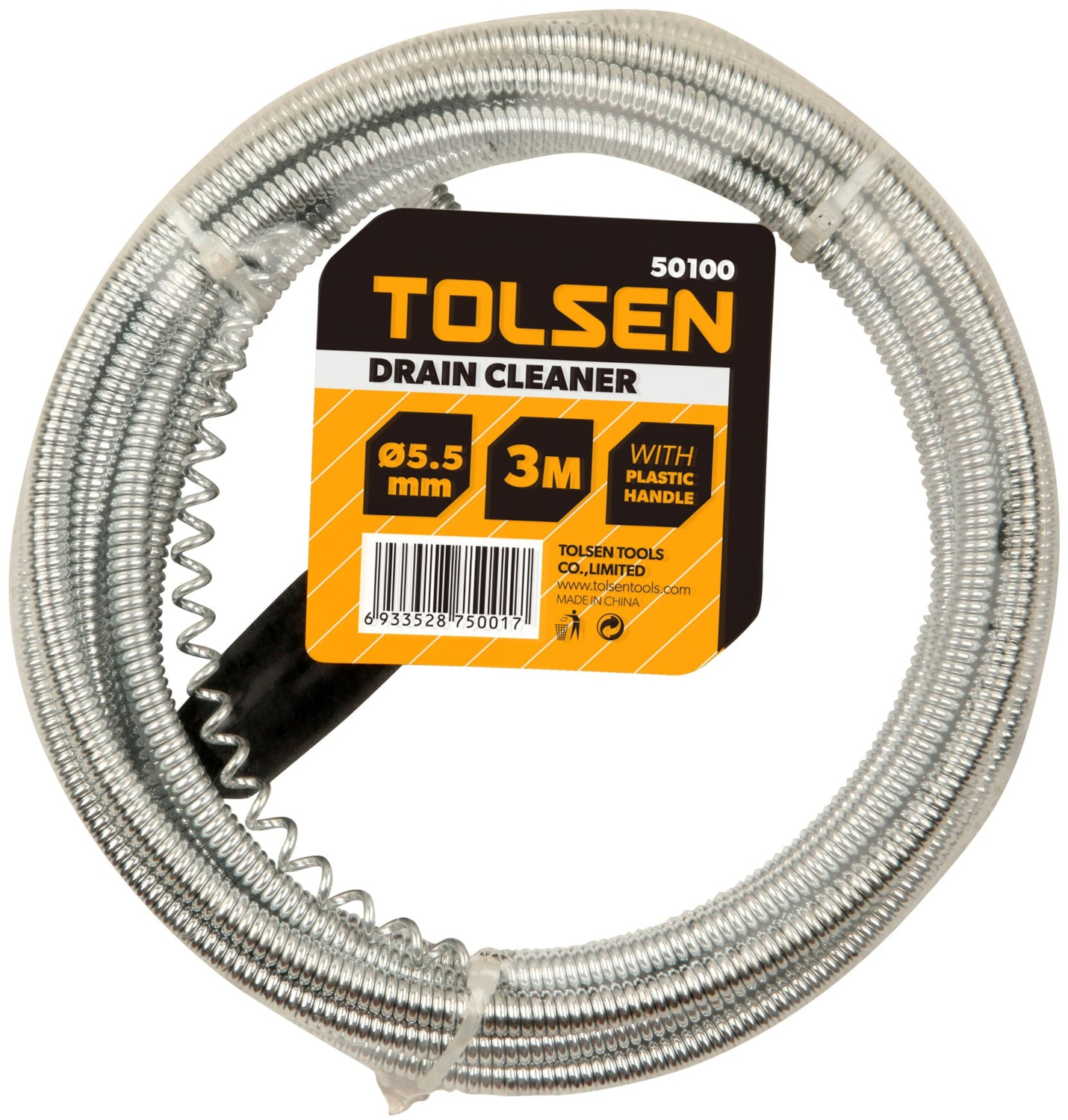 Трос спиральный Tolsen для очистки канализационных труб, 3мx5.5мм (50100) фото