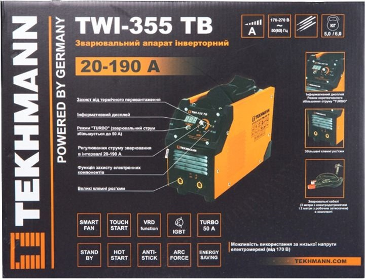 Сварочный аппарат инверторный Tekhmann TWI-355 TB 140А (190А turbo режим) 5.2-8.2кВт 170-270В (847861) фото 