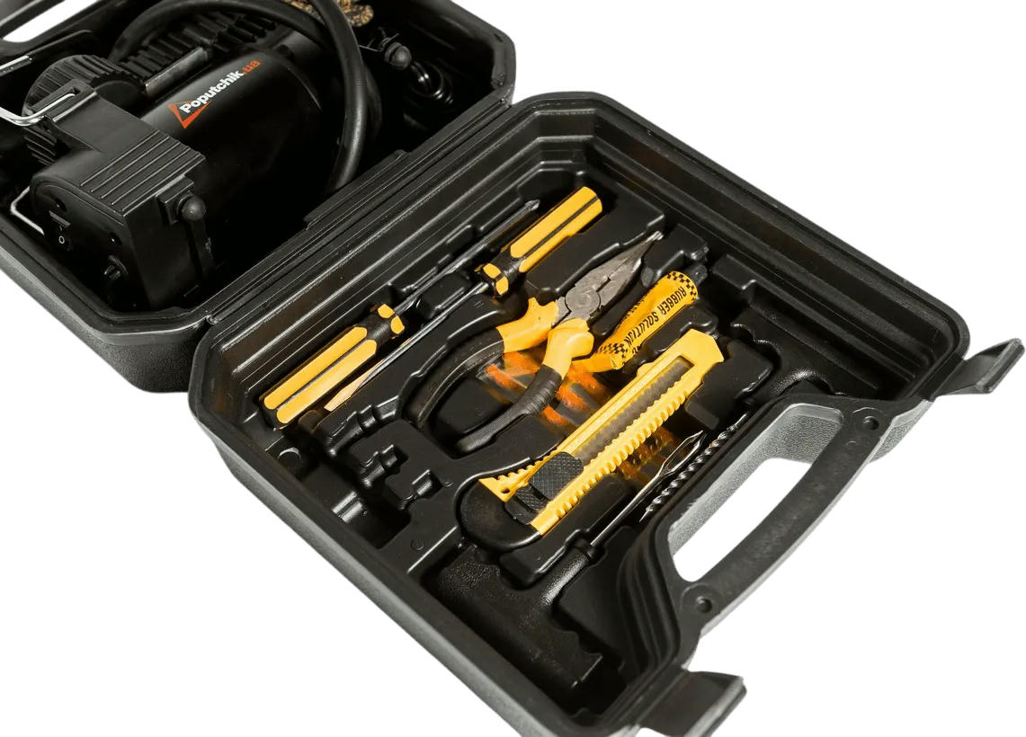 Компресор автомобільний 1-поршневий Poputchik на 35л/хв, 7 АТМ, кейс + Набір ремкомплекту для шин (13-014-IS)фото5