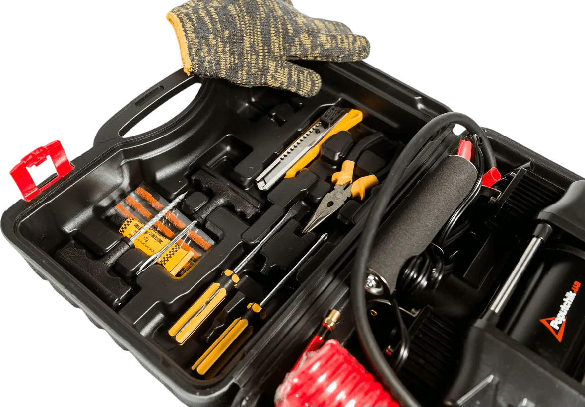 Компрессор автомобильный 2х-поршневой Poputchik 85л/мин 10АТМ, кейс + Набор ремкомплекта для шин (13-015-IS) фото 