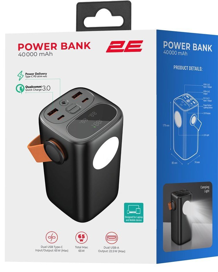 Портативний акумулятор 2Е 40000mAh PD+QC 65W, Black (2E-PB4002-BLACK)фото