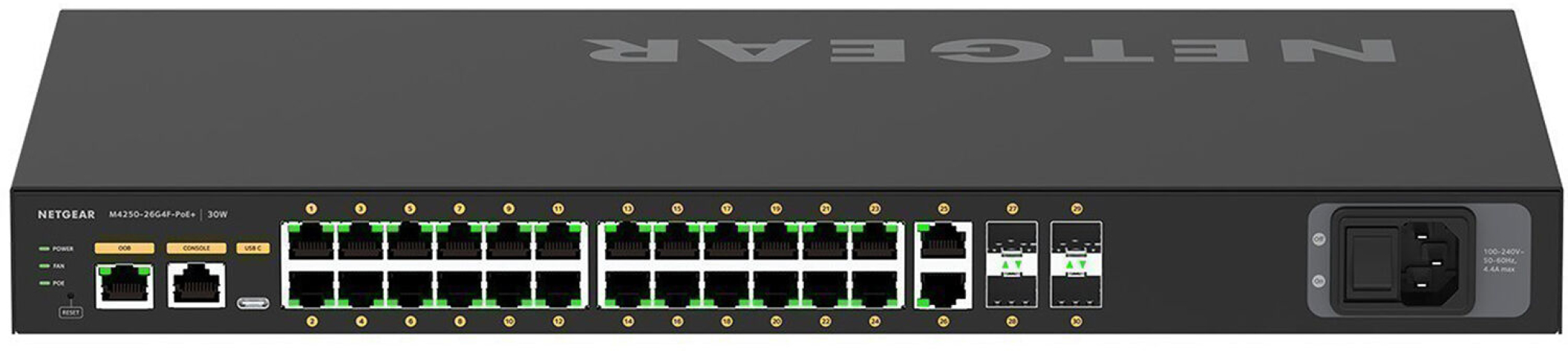 Коммутатор NETGEAR M4250-26G4F-PoE+ (GSM4230P), 26xGE (24xPoE), 4xSFP, AV Line, 300Вт, Управляемый L2 фото 2