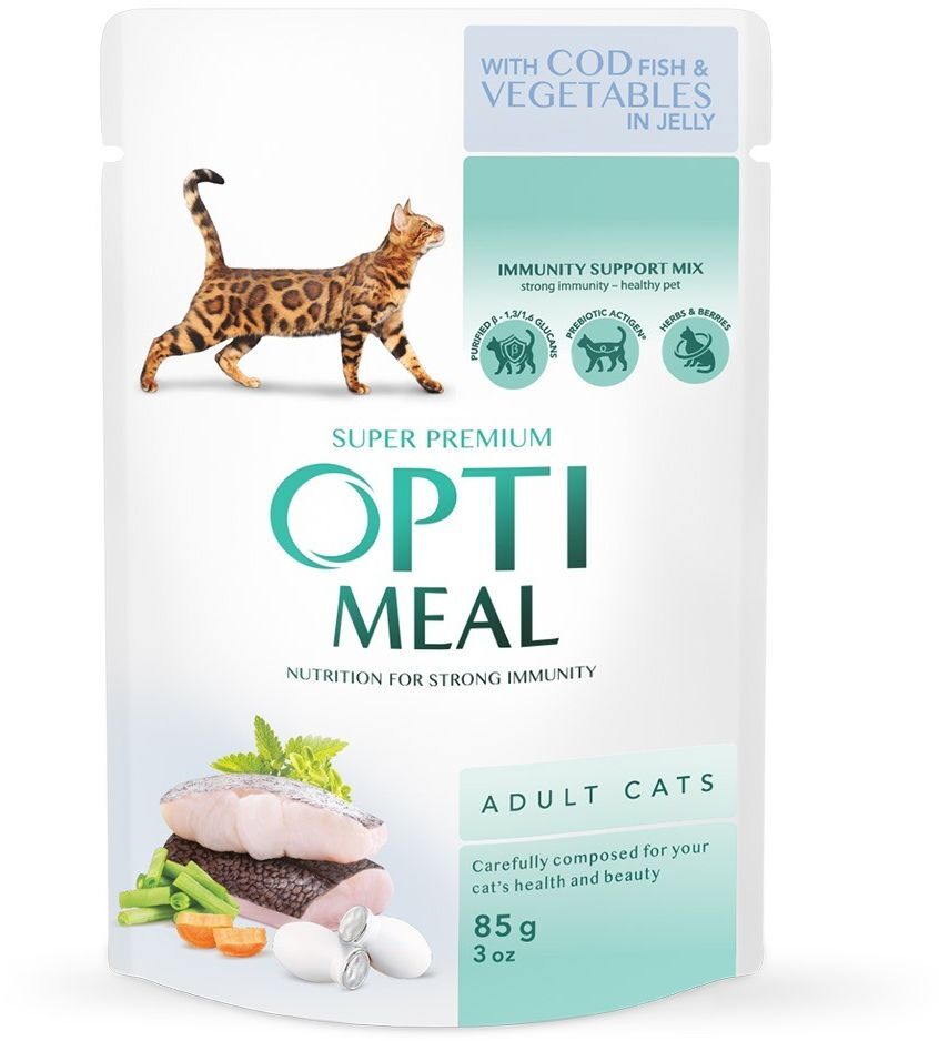 Вологий корм Optimeal для дорослих котів з тріскою та овочами в желе 4*85гфото2